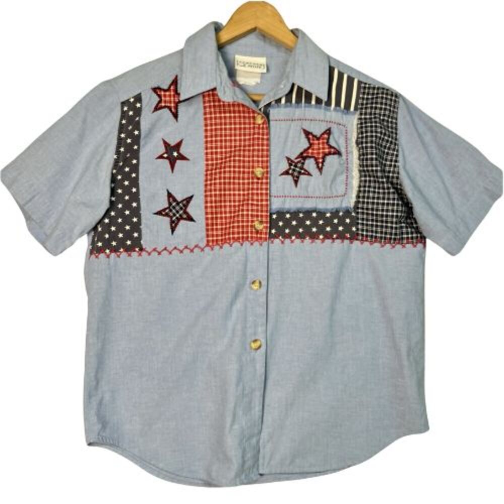 VTG 90s Jantzen Denim American Flag Button Up Short Sleeve Stars Stripes Shirt M